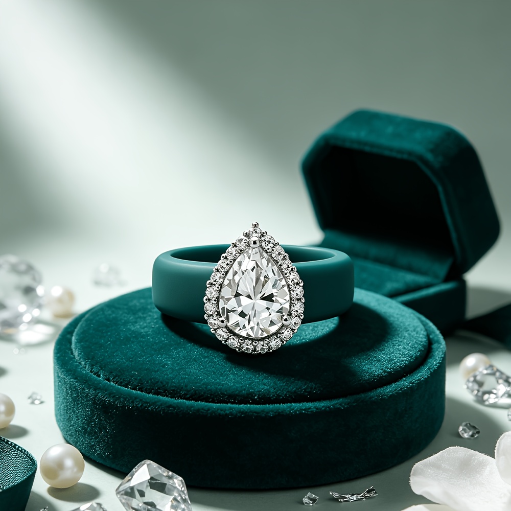 Teardrop-shaped Dark Green Zirconia Silicone Ring, Lightweight