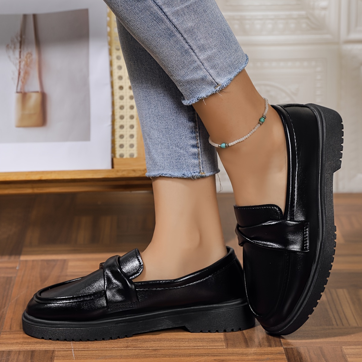 1 paar klassieke zwarte loafers voor dames - comfortabele slip-on kunstleren schoenen met ademend ontwerp voor alle seizoenen, ideaal voor servicepersoneel en casual kleding 3