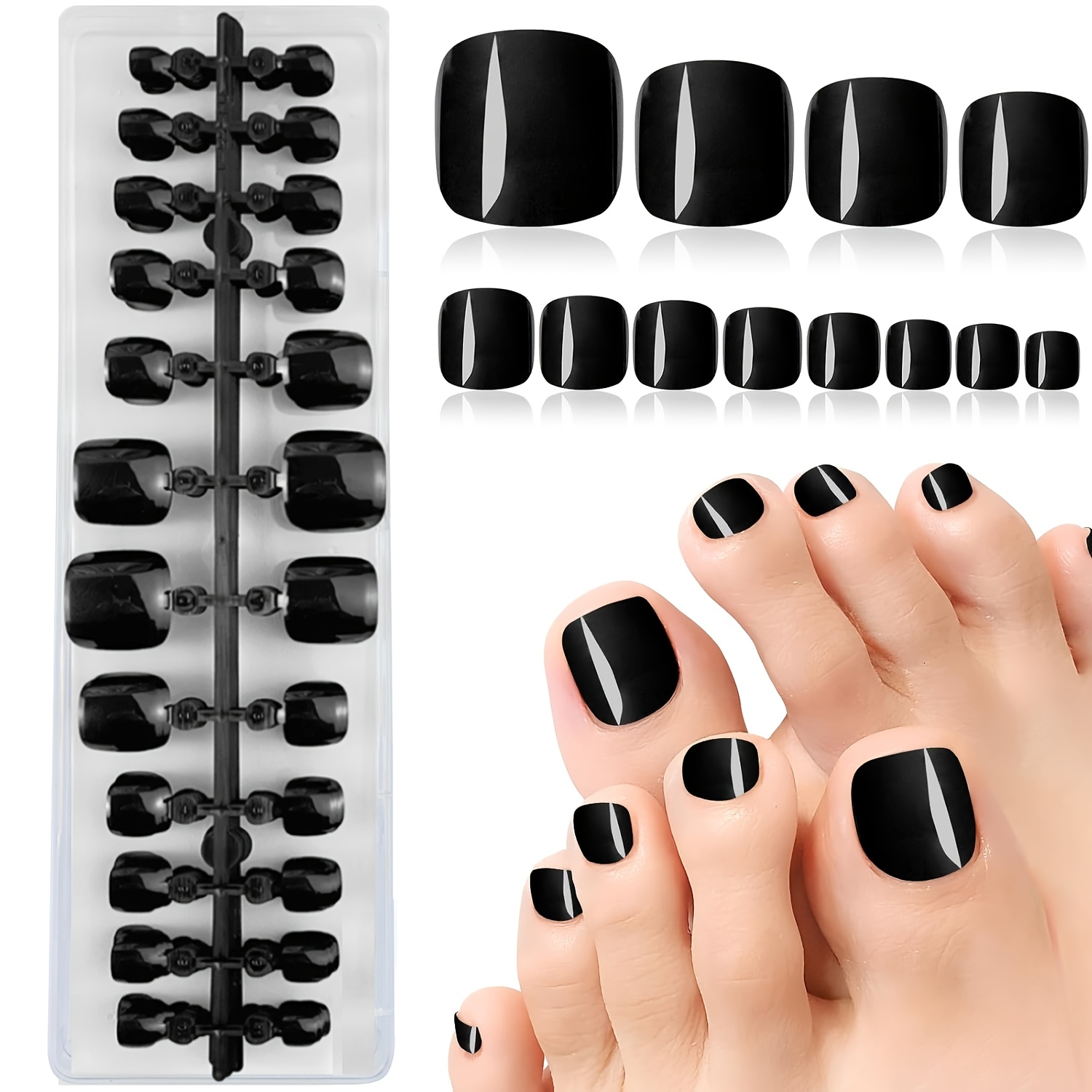 Image of 240pcs False Toe Nails Colored Black Press On Toenails Full Cover Short Square Fake Toenails Artificial Pedicure Tips For Women Fingernails Set