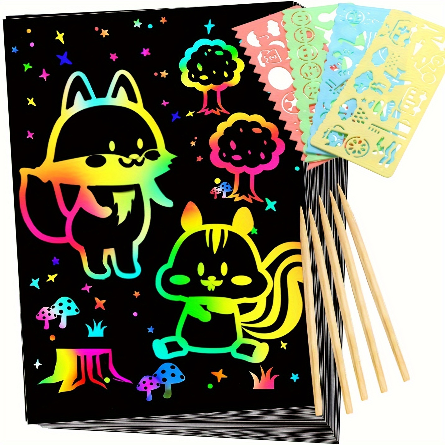 Cribun 50 Piece Rainbow Scratch Paper - 5 Wooden Styluses Included - Create  Rainbow Scratch with This Jumbo Craft Art Pack 
