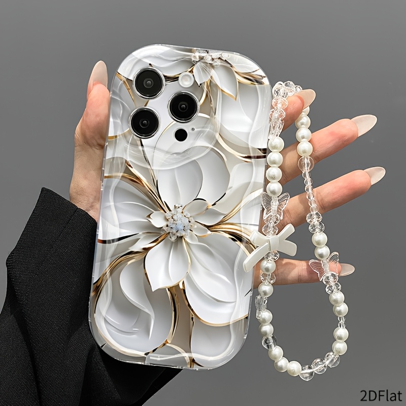 TEMU Phone Case: 2d Flat Gilded Floral Graffiti Phone Case With Lanyard, Drop-proof Protection, Suitable For Iphone 11/12/13/14/15/16/17 Pro/17 Pro