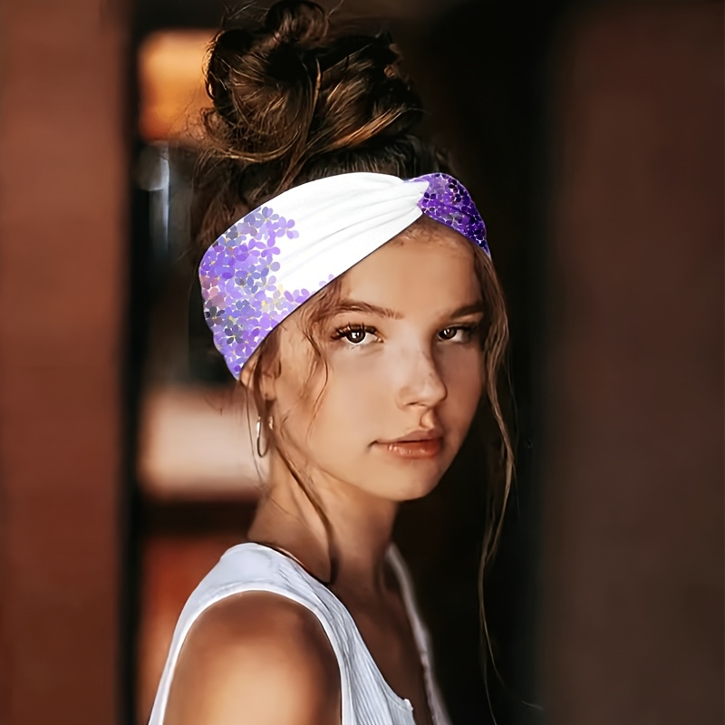 2D FLAT White Background with Purple Flower Gradient Sequin Pattern Headband, for Yoga / Gym / Running / Cycling, Travel / Outing / Beach, Wide-Brim / Fashion Hair Accessory / Sweat-Absorbent / Elastic / Knotted Design, Valentine's Day, 2D Flat