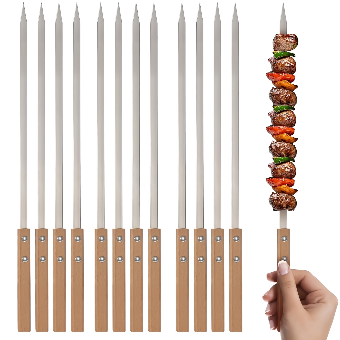 E-shop 12er-Set Hochleistungs-Edelstahl BBQ-Spieße mit Holzgriffen - Lange Flache Grillspieße für Fleisch, Huhn, Garnelen, Gemüse - Langlebige