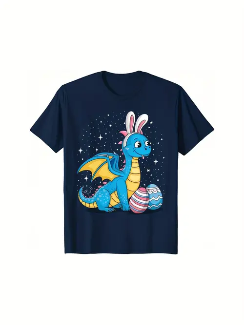 mens easter bunny dragon graphic t shirt 100 cotton short sleeve crew neck casual fit navy blue with starry night design