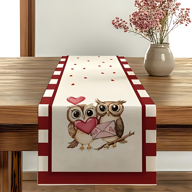 1pc Romantic Owl Table Runner - Valentine's Day Polyester Rectangular Tabletop Decoration With , Red , Polyester Fabric