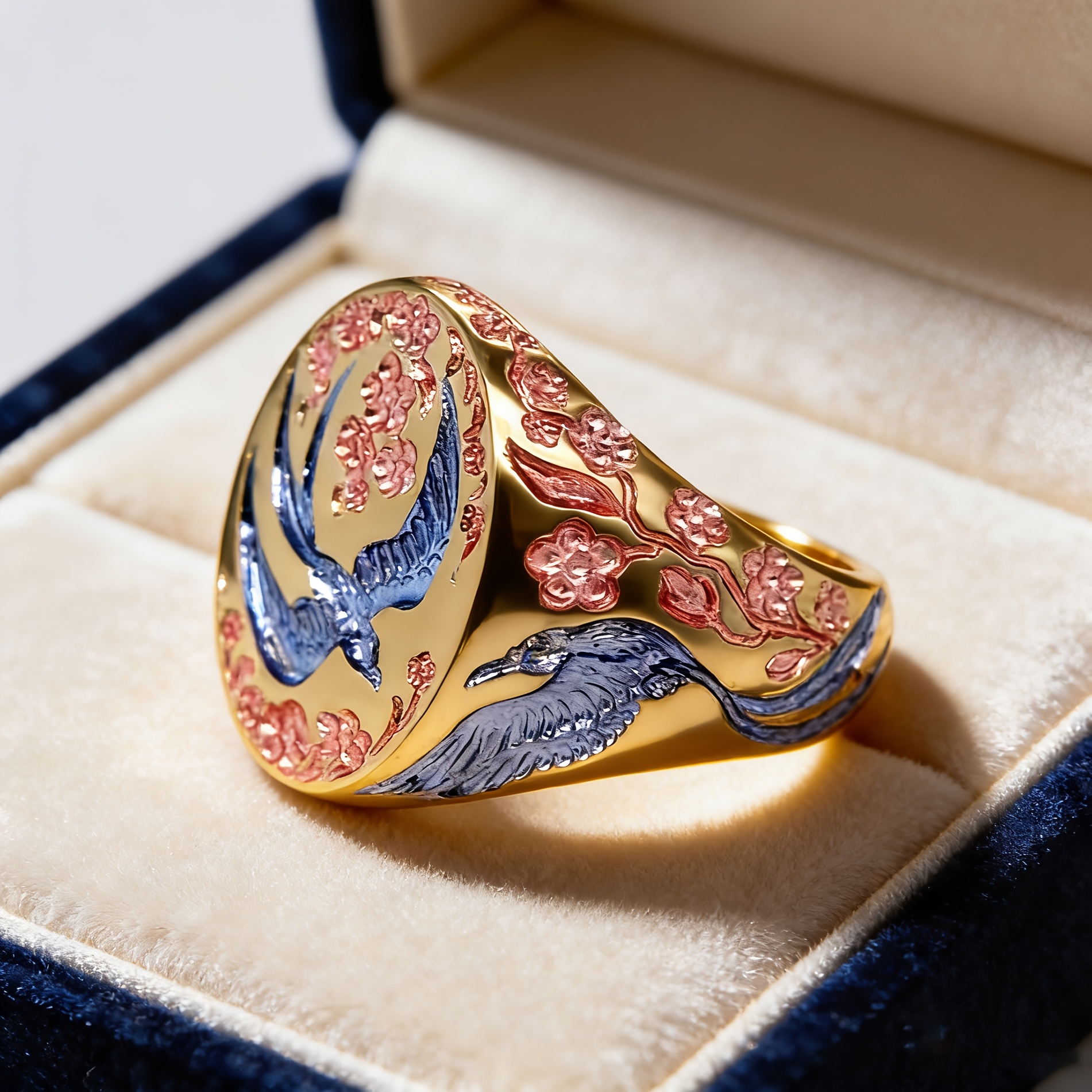 TEMU Retro Style Mallard Ring, Exquisite Enamel Carved Bird Floral Copper Ring, Suitable For Men And Women, Suitable For Parties, Casual , Vacations