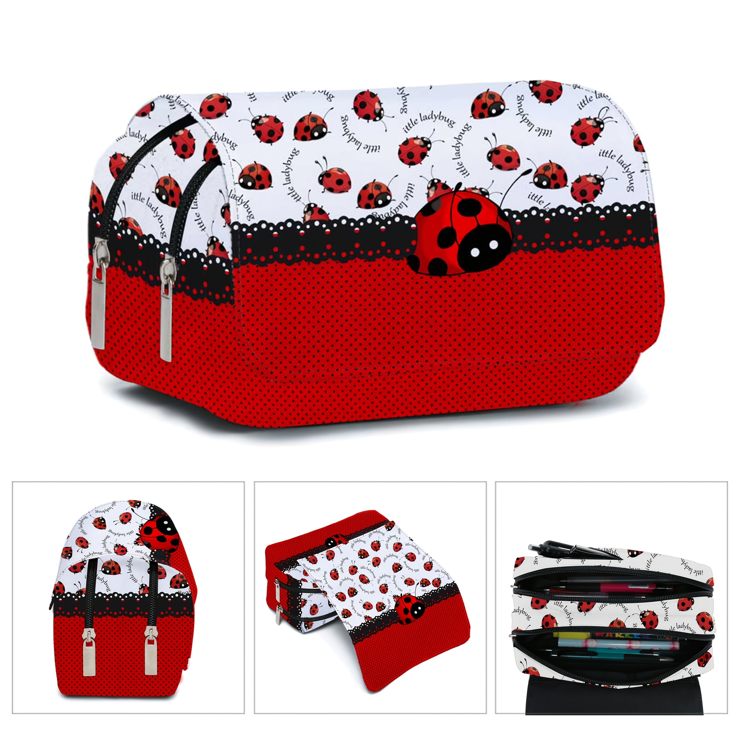 -spot Ladybug Print Clutch Bag, Large Capacity Double-layer Pencil Case