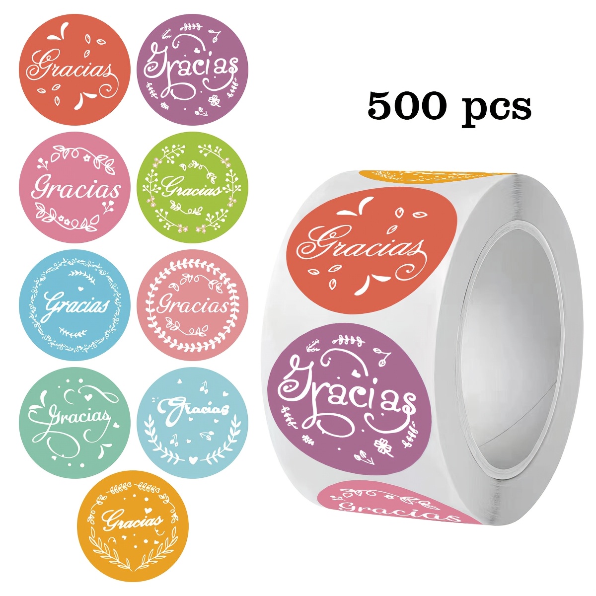 TEMU Paquete de 500 rollos de pegatinas redondas de 1 con "Gracias" en español, para bolsas de dulces, cajas de regalo de flores, cajas de pasteles y