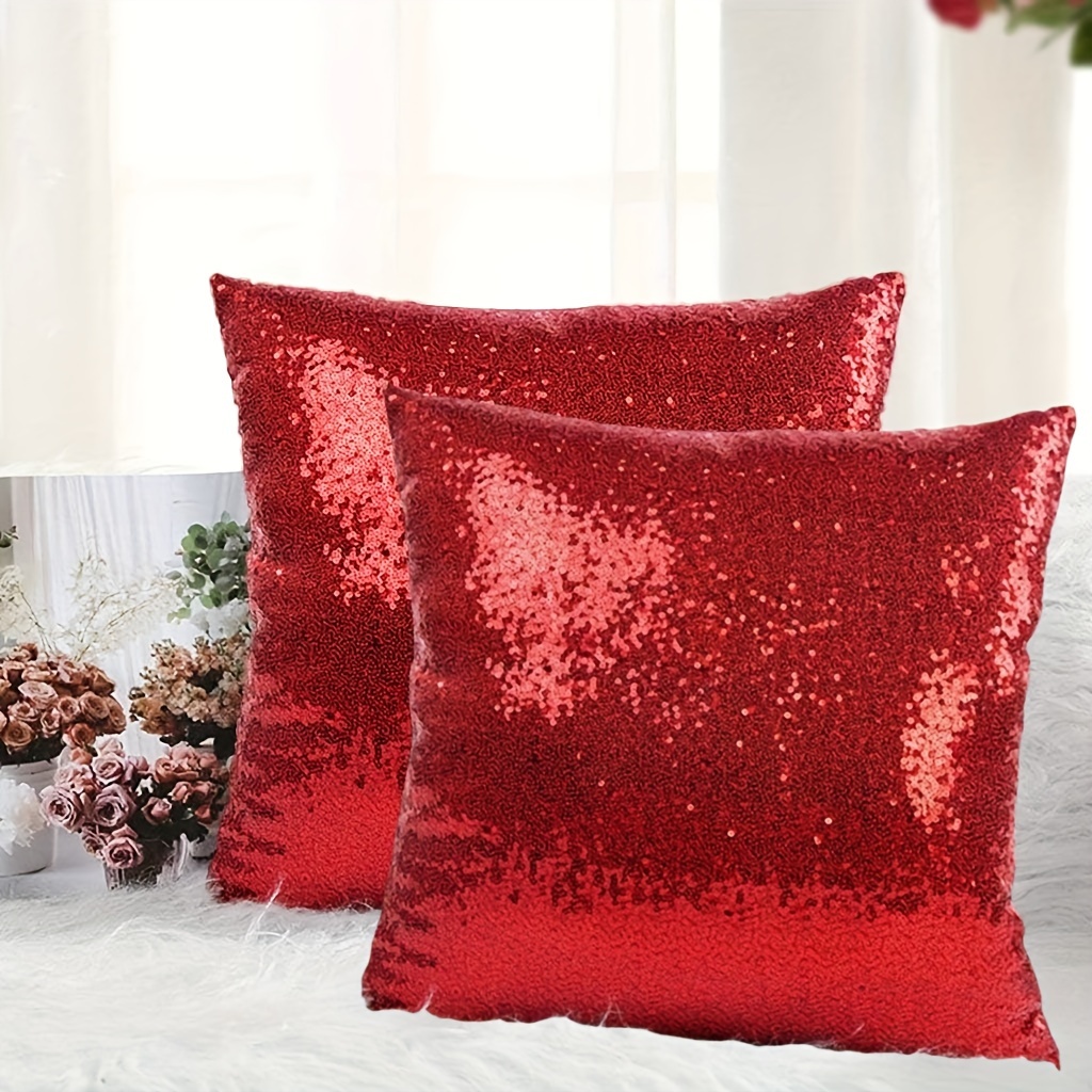 

2pcs Red Sequin Cushion Covers 16x16 Inches, Contemporary Style, Zipper Closure, Hand Wash Only, Polyester Fabric, For Living Room, Bedroom Decor, Party, Banquet, Stage Performance - Pillow Cases Only