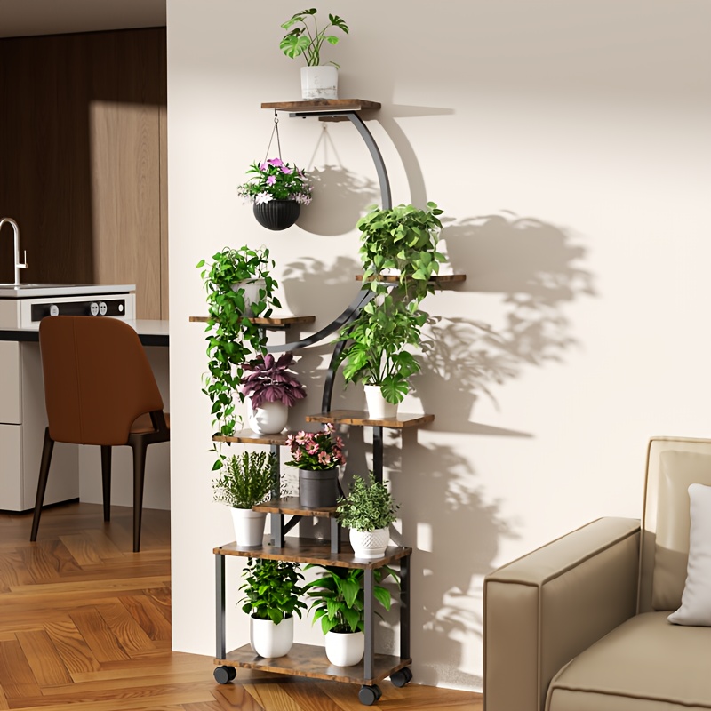 Image of Plant Stand Indoor With Wheel, 8 Tiered Metal Flower Holder, 158cm Tall Plant Shelf For Corner, Plant Rack Display Shelf For Living Room, Brown