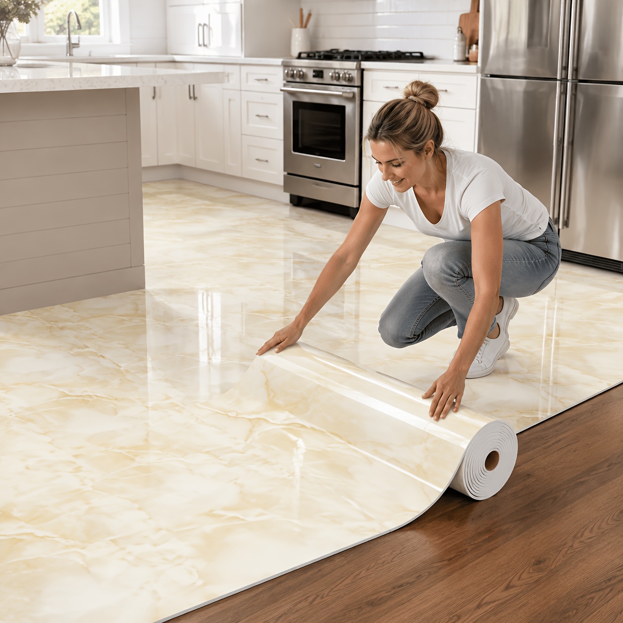 TEMU 1 Roll, Thickened Large Roll, 39 "x 299.78", Self-adhesive Modern Marble Foam Floor Sticker, Thickened Wear-resistant, 3mm Thick, Removable