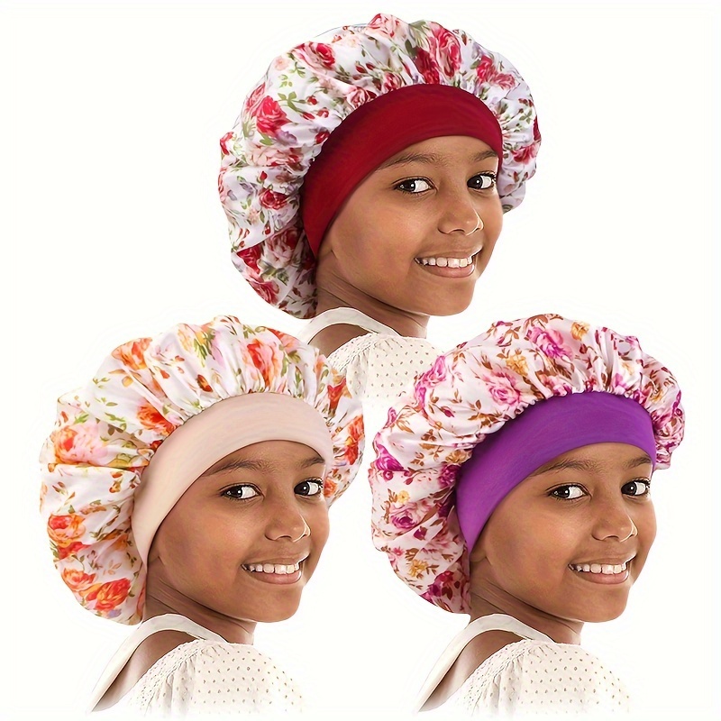 

3pcs Set: Girls' Breathable Satin Sleep Caps With Floral Print - Stretchy, Hand-washable Hair Care Bonnets For Birthdays & Fantasy Themes, Big Boy, Printed, Sleep Cap, Hair Care Cap