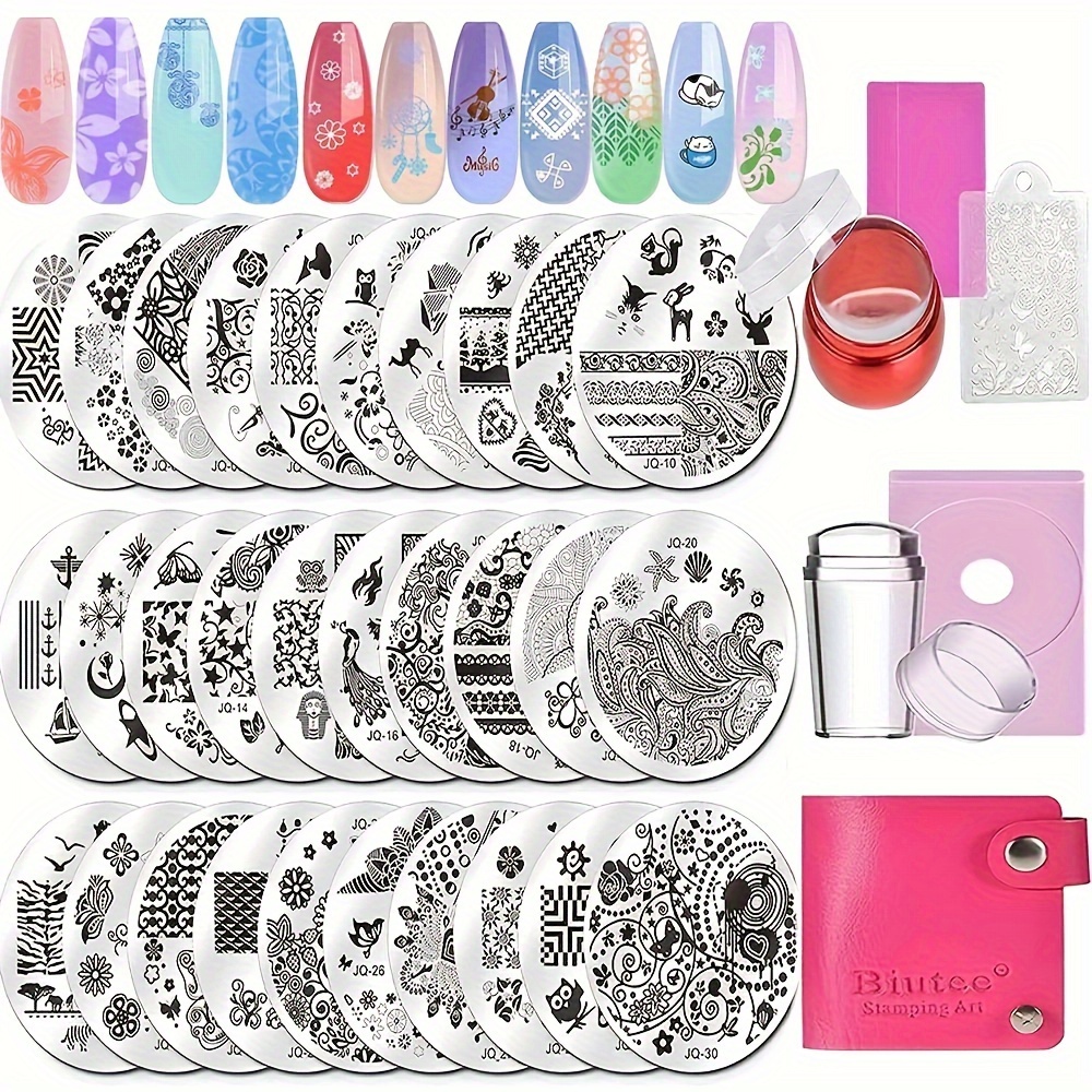 Biutee Nail Stamping Set With 30 Stamping Plates & 1 Stamp - Stainless Steel Nail Art Stencils For Animal, Floral, Geometric Designs, 2 Scrapers Included