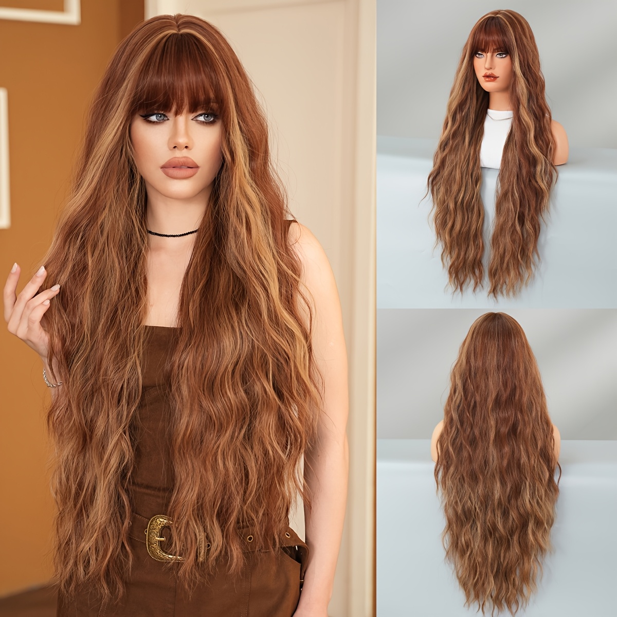 

1pc 7jhh Wigs Elegant Brown Long Loose Wave Synthetic Wig With Bangs, 35.43 Inches, High Density 150%, Heat Resistant Fiber, Cap, For Women Daily And Party Use