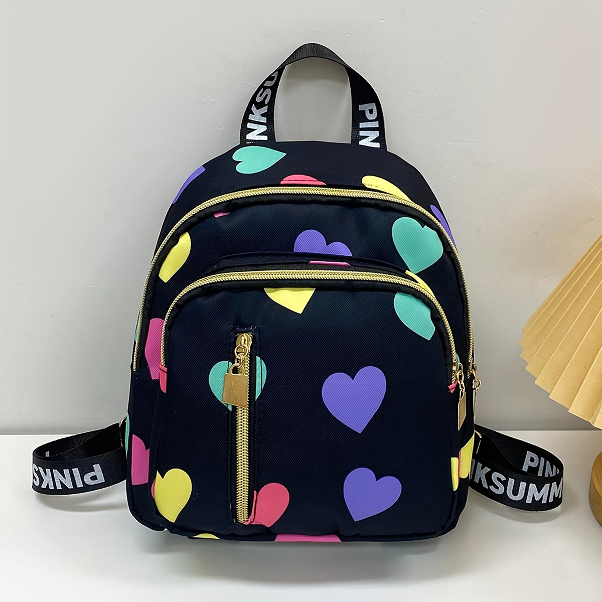 

Carryall, Chic Heart & Alphabet Print Backpack - Polyester, Zip Closure, Teens To College Students - Ideal For School, Travel & Work