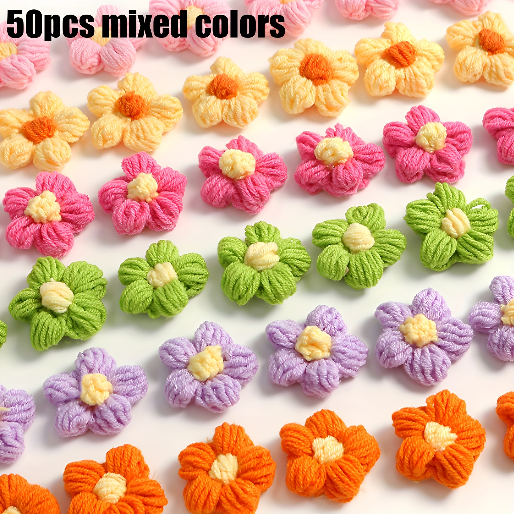 TEMU 50 pezzi di fiori a puff all'uncinetto a in colori misti | Fiori di lana | Materiale per fermagli per capelli, decorazioni per , confezione,