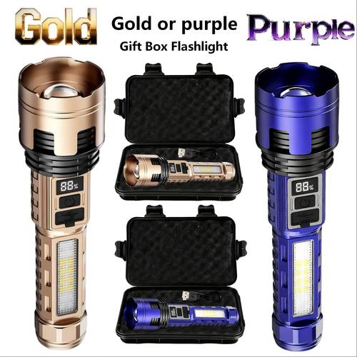 golden purple outdoor multifunctional handheld flashlight with exquisite gift box and ultra long range spotlight ultra long cob work light multifunctional sidelight for emergencies