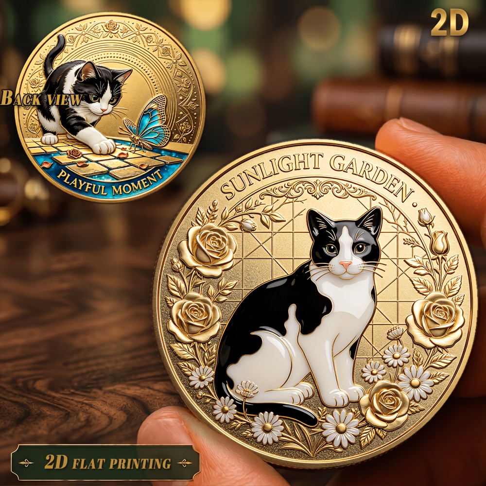 TEMU Replica Coin 1pc 1pcs Collectible Coin Suitable For Collectors & Gift - Transparent Case With Black & White Cat & Garden, Flower-themed