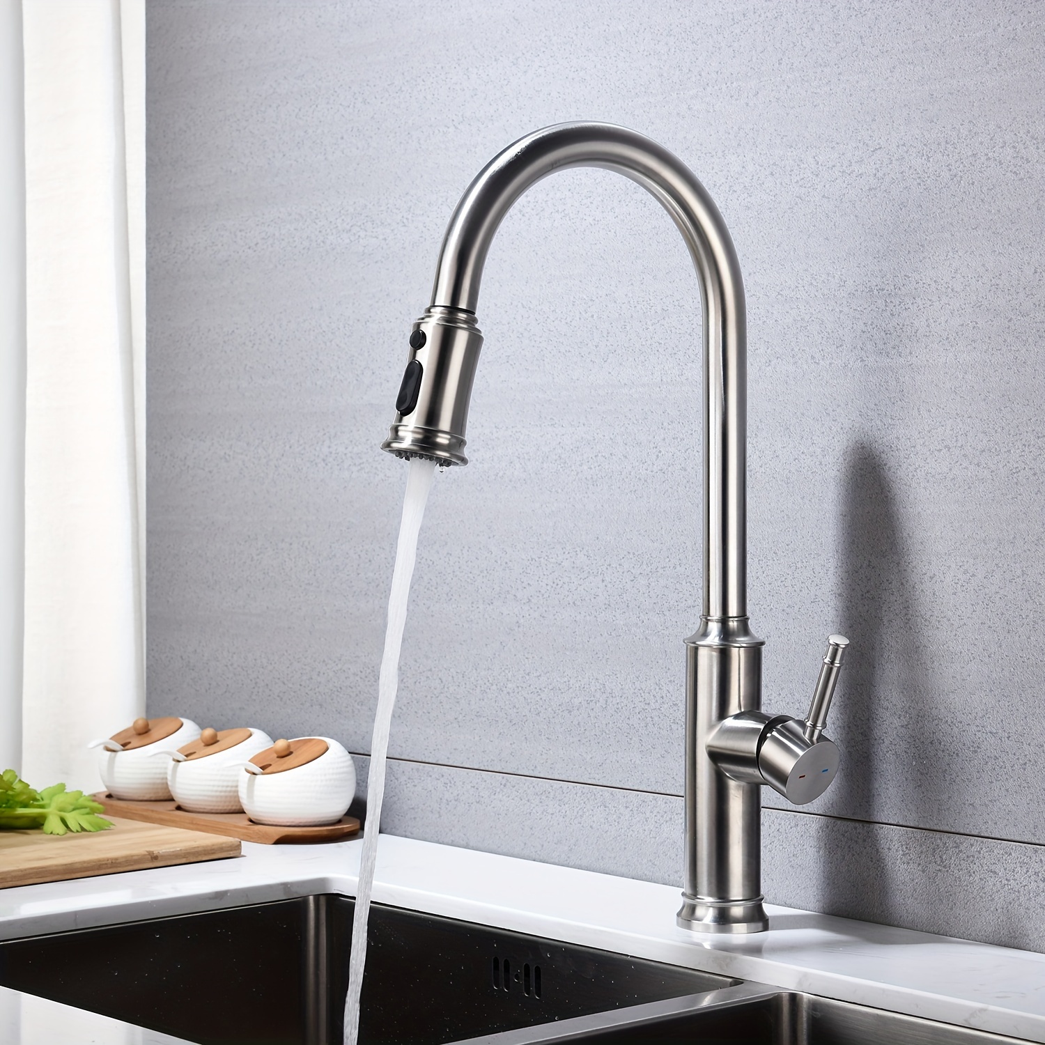 

Brushed Nickel Kitchen Faucet With Pull Down Sprayer, High Arc Single Handle Stainless Steel Sink Faucets