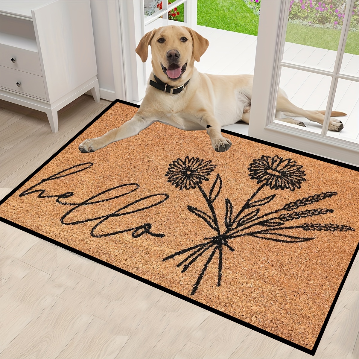 

Polyester Dog & Cat Welcome Doormat - Hello Floral Design, Machine Washable, Non-slip, Stain Resistant Rectangle Entrance Rug For Home – Durable, Soft Crystal Velvet Floor Mat For All Seasons