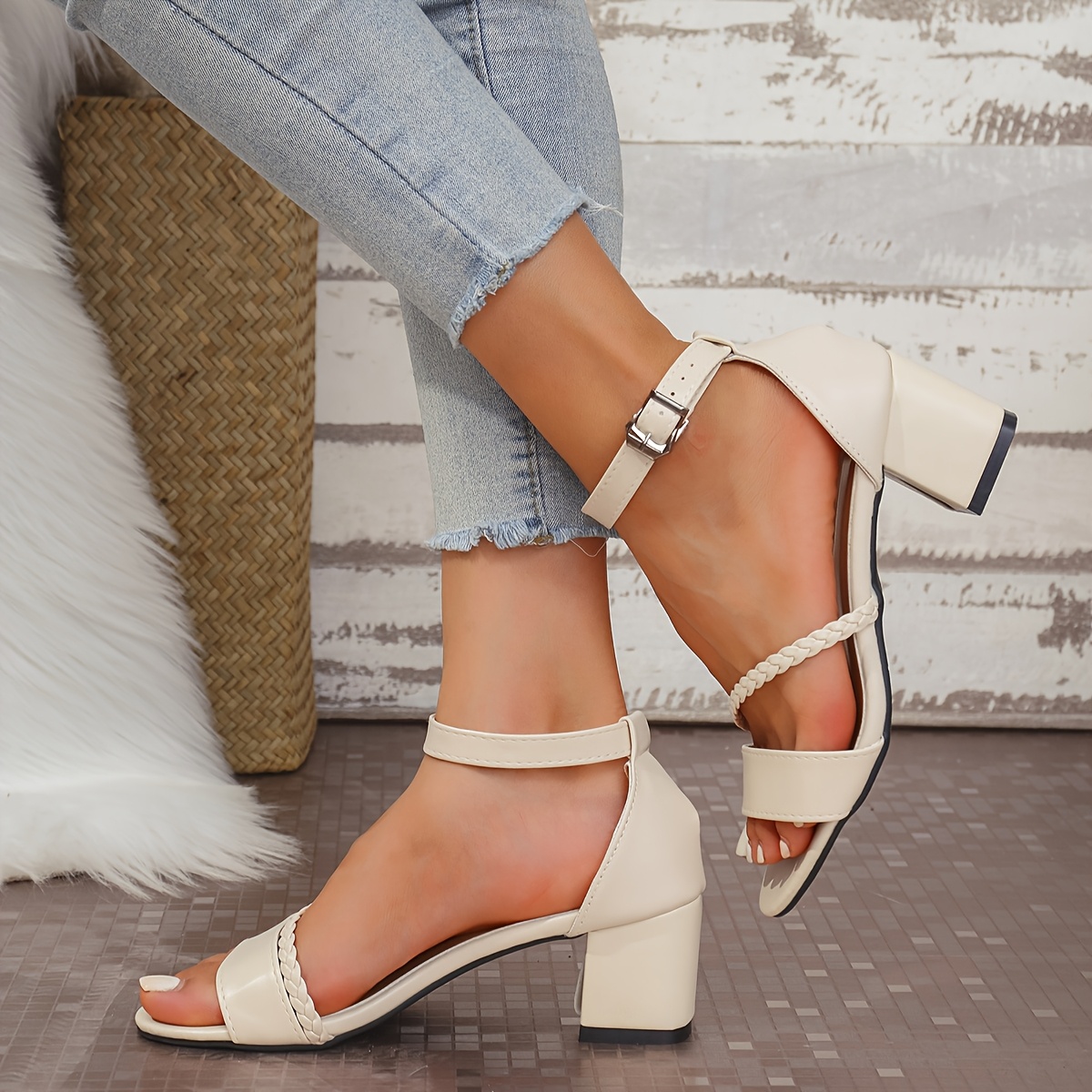 Open Toe White Low Heel Dress Shoes Chic Open Toe Block Heel