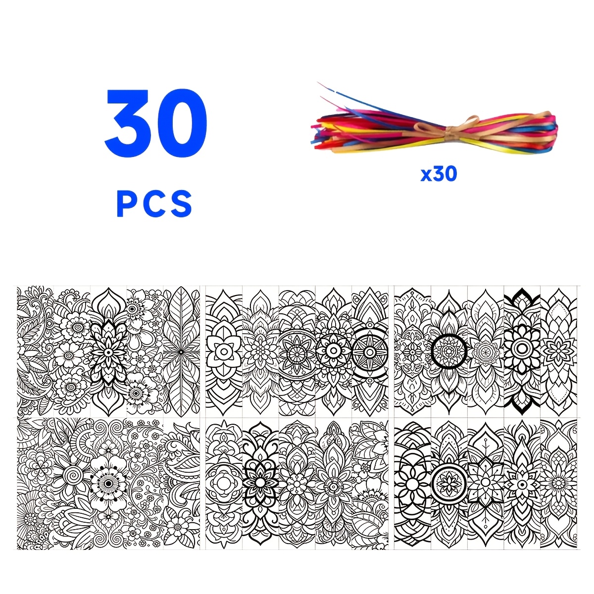 TEMU 30 marcadores de estilo mandala, 30 cordones coloridos. Exquisitos marcadores hechos de papel de 4*, con 30 patrones diferentes. El reverso
