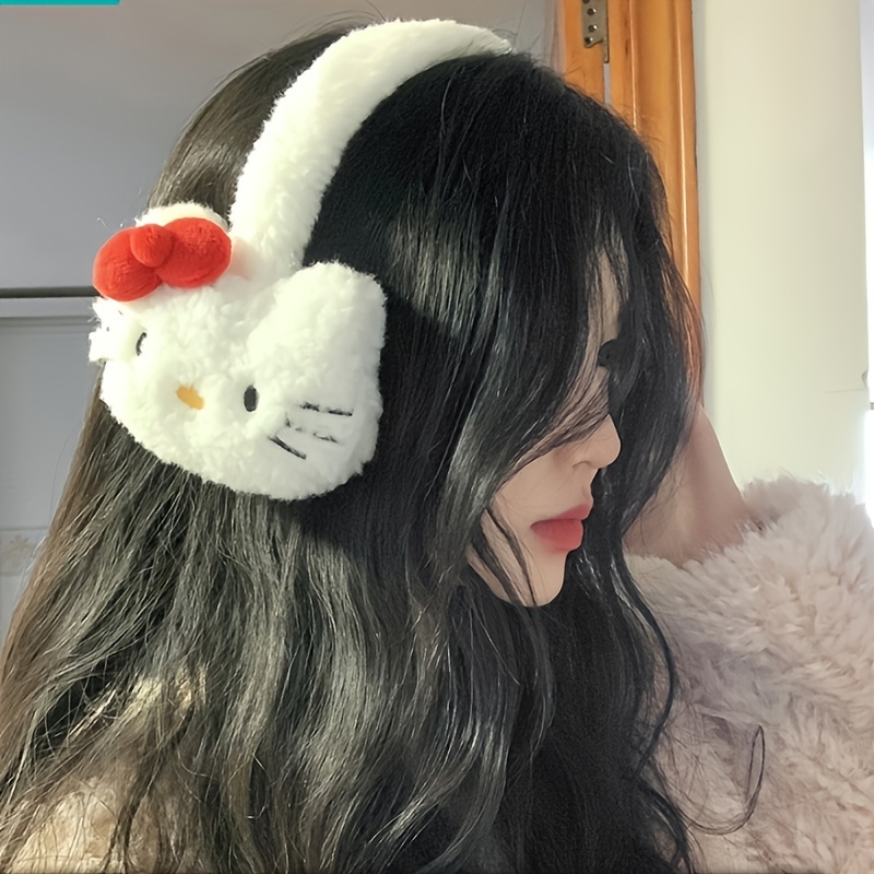 E-shop Sanrio Hello Kitty Plüsch-Ohrenschützer für Damen – Kuschelige & faltbare Winter-Ohrenwärmer, dehnbar, handwaschbar, Cartoon-Design mit