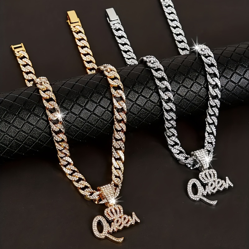 

1pc Shiny Qneen Pendant With Ice Cuban Chain Miami Necklace For Men And Women Hip Hop Pendant Choker Necklace Jewelry Gift
