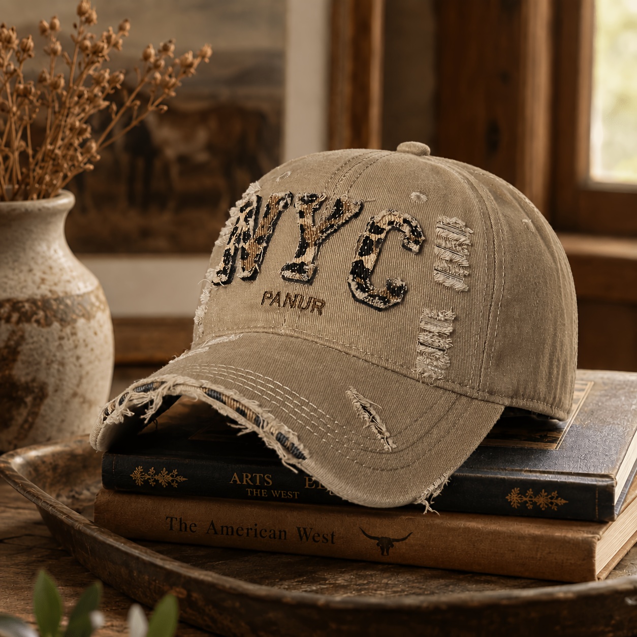 TEMU Casquette 2D Plate - 1pc Vintage Imprimé Léopard NYC Lettre Brodée, Effet avec Bords et Frottés, un Chapeau de Soleil Unisexe Street, et une