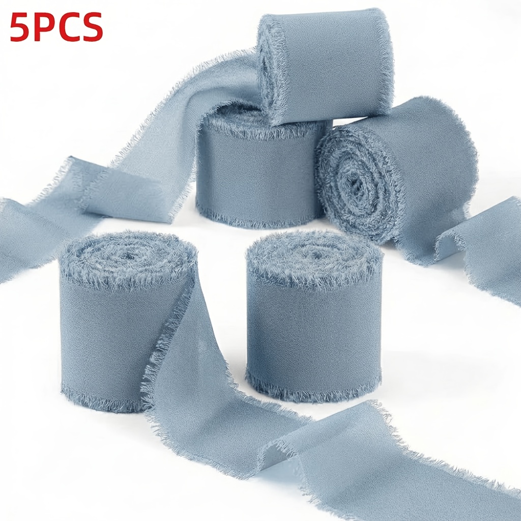 TEMU 5 Rolls Of Gray Blue Handmade Chiffon Ribbon With Tassels, 1.57" X 5.47 Yd (total 27 Yards) Ribbon, Suitable For Wedding Invitations, Bridal