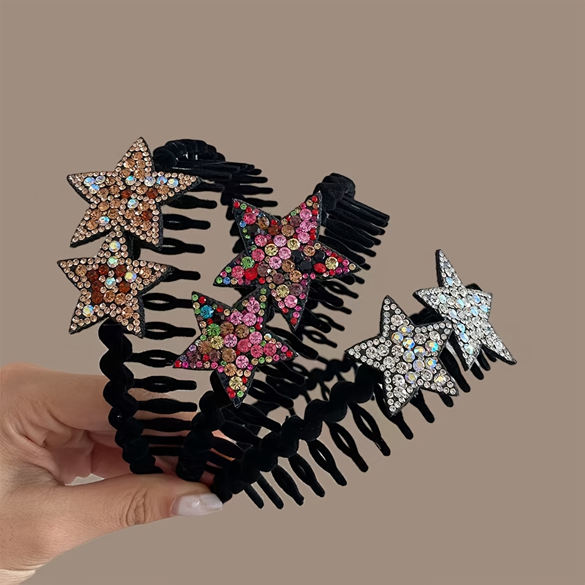 Image of 3pcs Of Elegant Velvet Anti-slip Shiny Rhinestone Star Hairbands, Suitable For Daily Wear During Washing