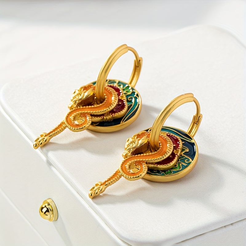 

Elegant 18k Gold-plated Earrings - Vintage Chinese Style With Enamel & Design, Matte , Ideal For Parties & Gifts, Chinese Earrings