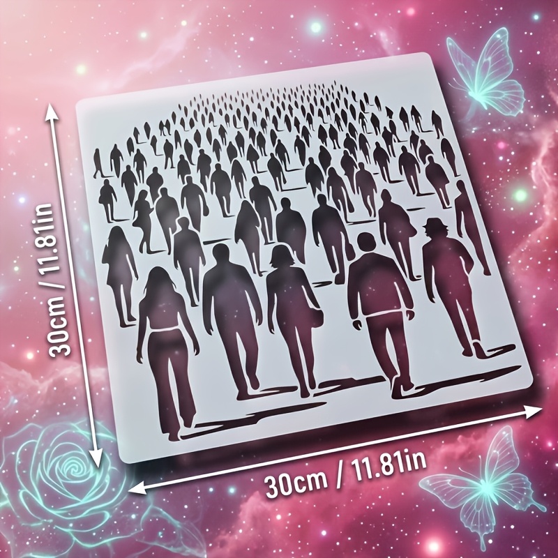 TEMU 30cm X 30cm Dense Crowd Silhouette Pattern Template, Reusable, Walking Portrait Drawing Template, Suitable For Art Craft Projects, Card Making,