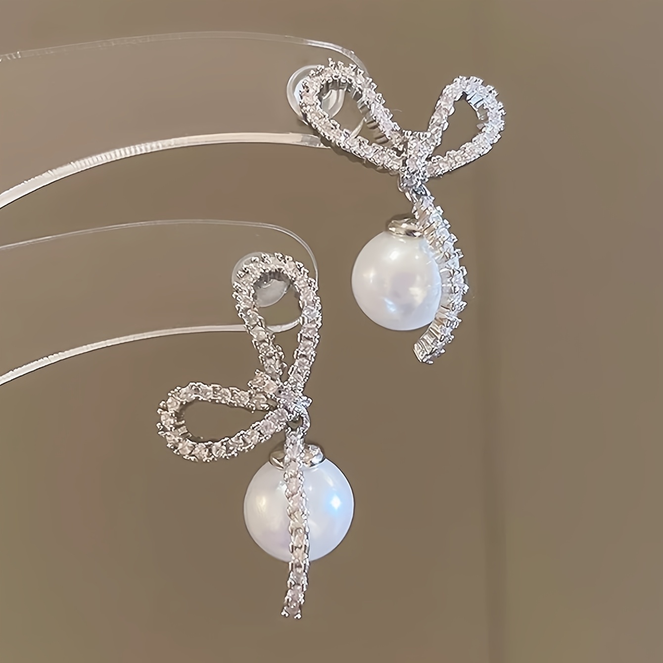 Elegant Bow Imitation Pearl Pendant Earrings with Zirconia