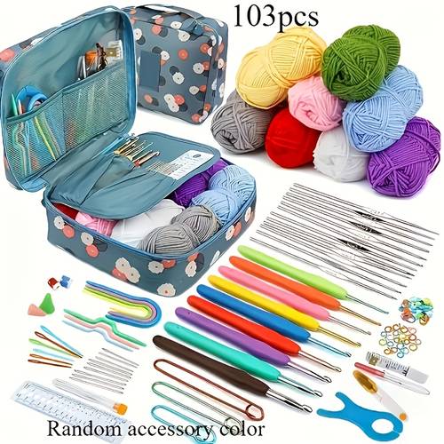 103pcs diy crochet kit yarn hooks knitting needles markers and accessories 12pcs milk knitted ball set beginner starter kit multi functional tool with portable storage bag some accessory colors may