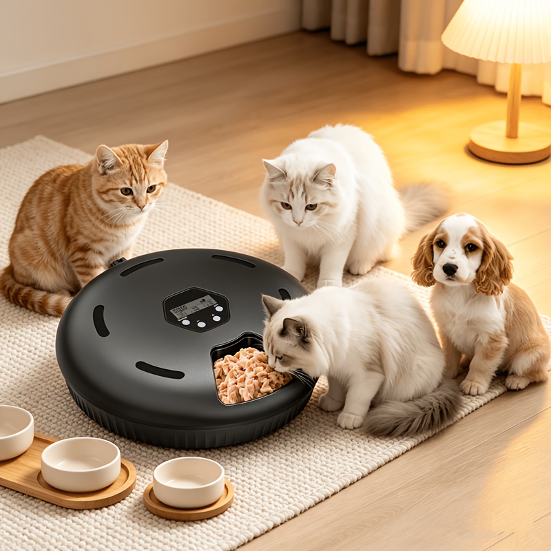 Automatic Cat Feeder For Wet And Dry Food With Cooling, 6-meal Portion Timer Pet Feeder, Battery Operated For Indoor Use (black), Without Battery