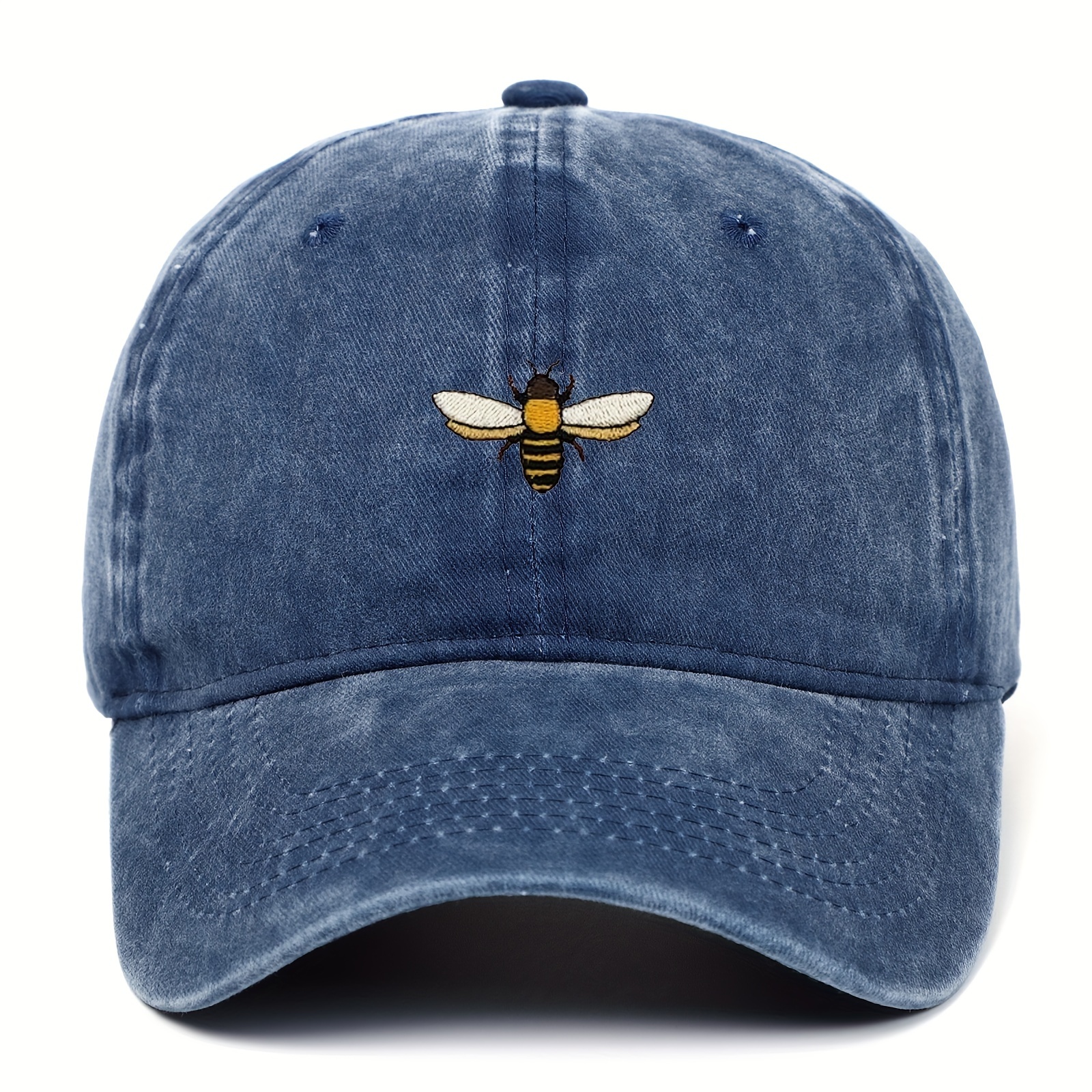 

Adjustable Cotton Baseball Cap With Embroidered Bee Design, Unisex Casual Peaked Hat, Outdoor Sports Cap, Available In Denim Blue, Light Blue, And Pink