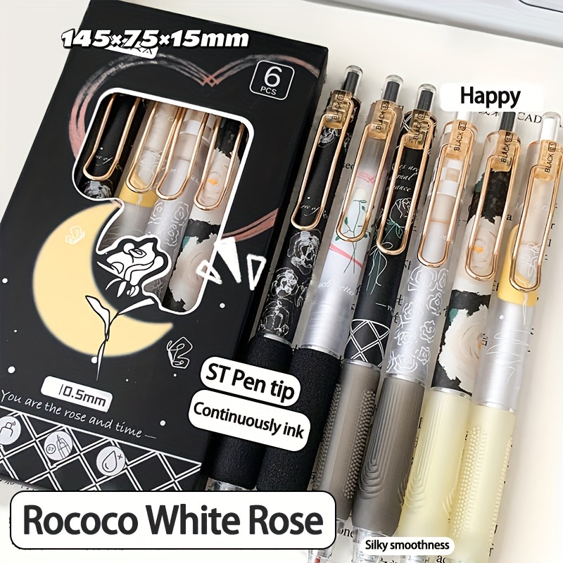 

6pcs Boxed Cocoa Rose Flower Press Pen Sponge Grip Gel Pen Student Exam 0.5mm Black