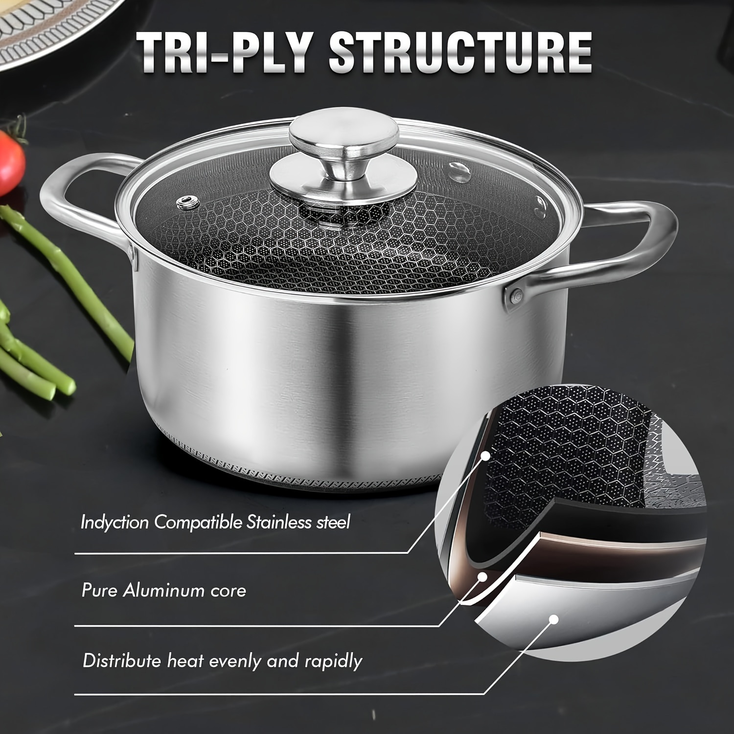 stainless steel saucepan with glass lid non stick suitable for induction cookers honeycomb design   heated dishwasher and oven safe details 0