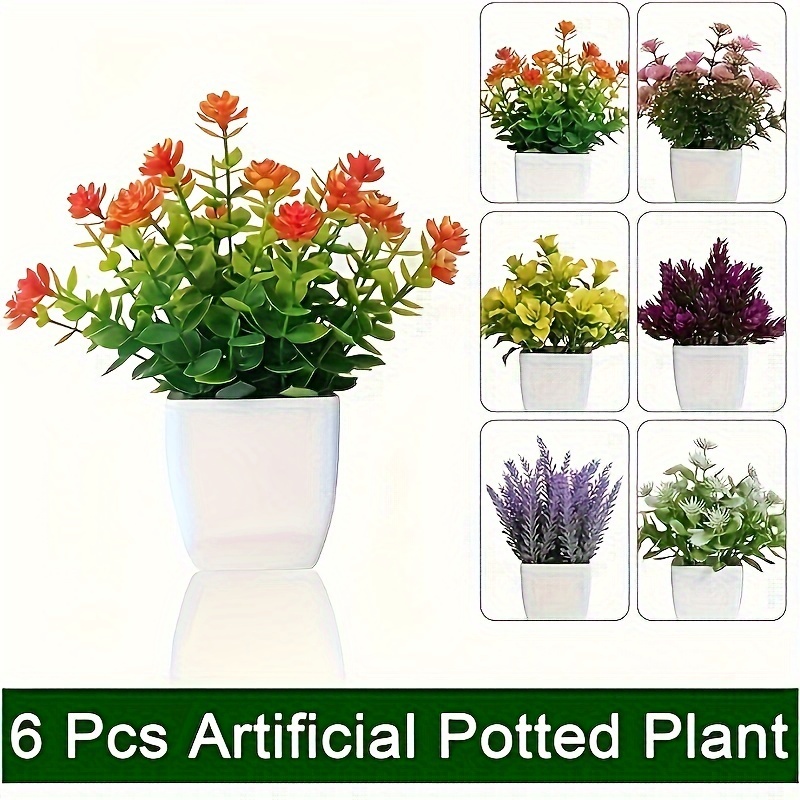 

6 Pcs Artificial Potted Plants Set - Plastic Faux Greenery With Pots For Home Decor, For Room Types, Ideal For Housewarming, 's, Valentine's, Day & More - Includes Different Plant Varieties