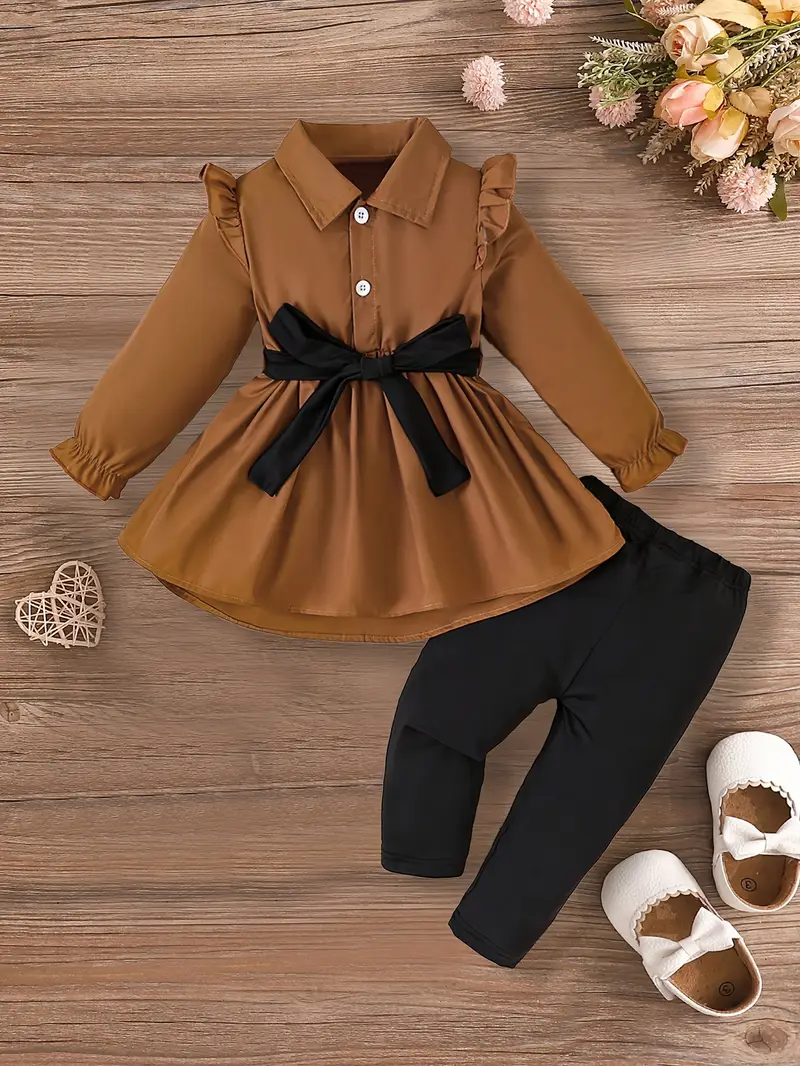 2pcs Set for Baby Girl | Autumn Deep Brown Collared Ruffle Sleeve Shirt with Black Belt and Black Pants | Cute Solid * with Bow Detail, for Outdoor 2pcs Set for Baby Girl | Autumn Deep Brown Collared Ruffle Sleeve Shirt with Black Belt and Black Pants | Cute Solid * with Bow Detail, for Outdoor