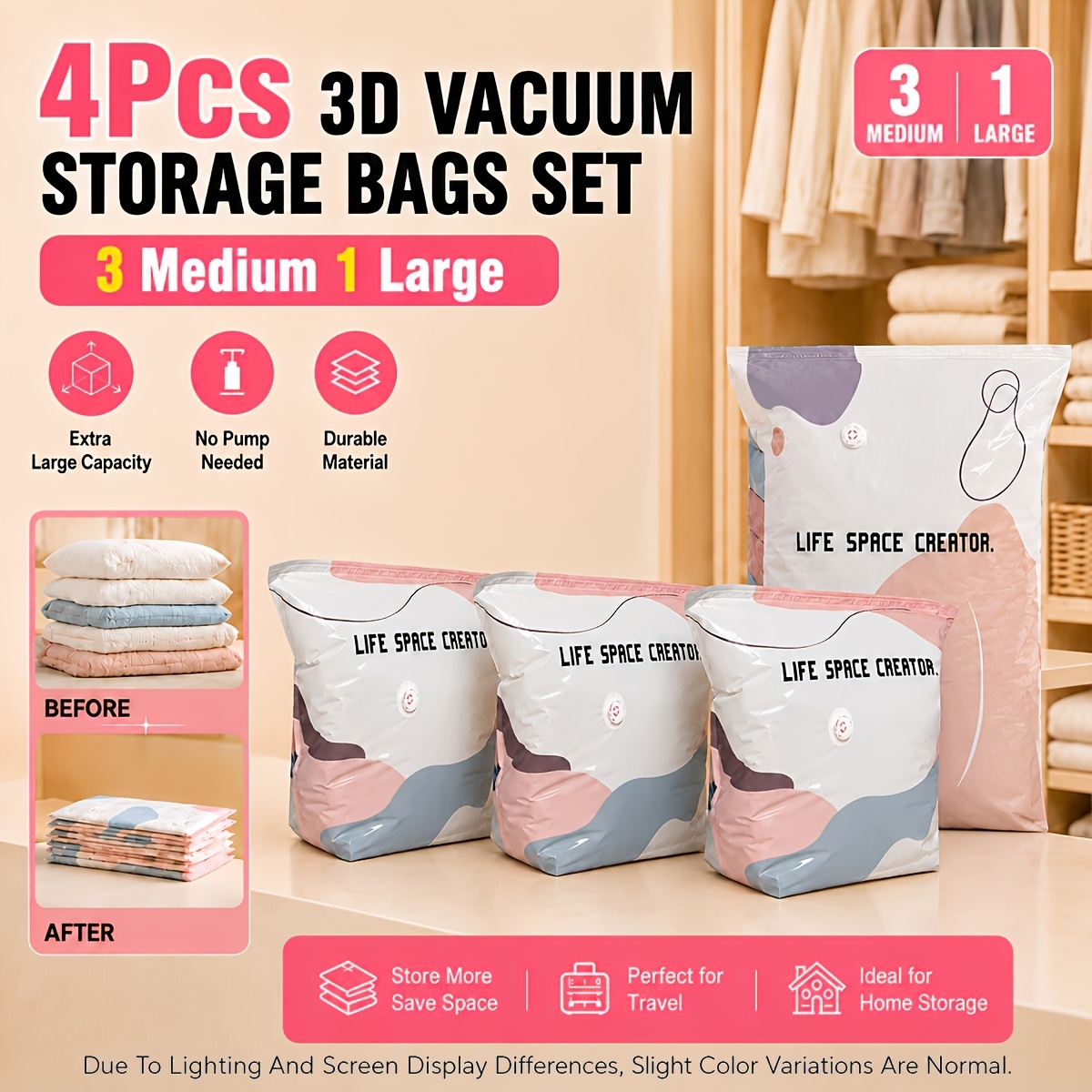 TEMU 4pcs Vacuum Storage Bags, Suitable For Clothing And Blankets. Large Capacity, Heavy-duty, Pump-free Compression Bags With - For Quick