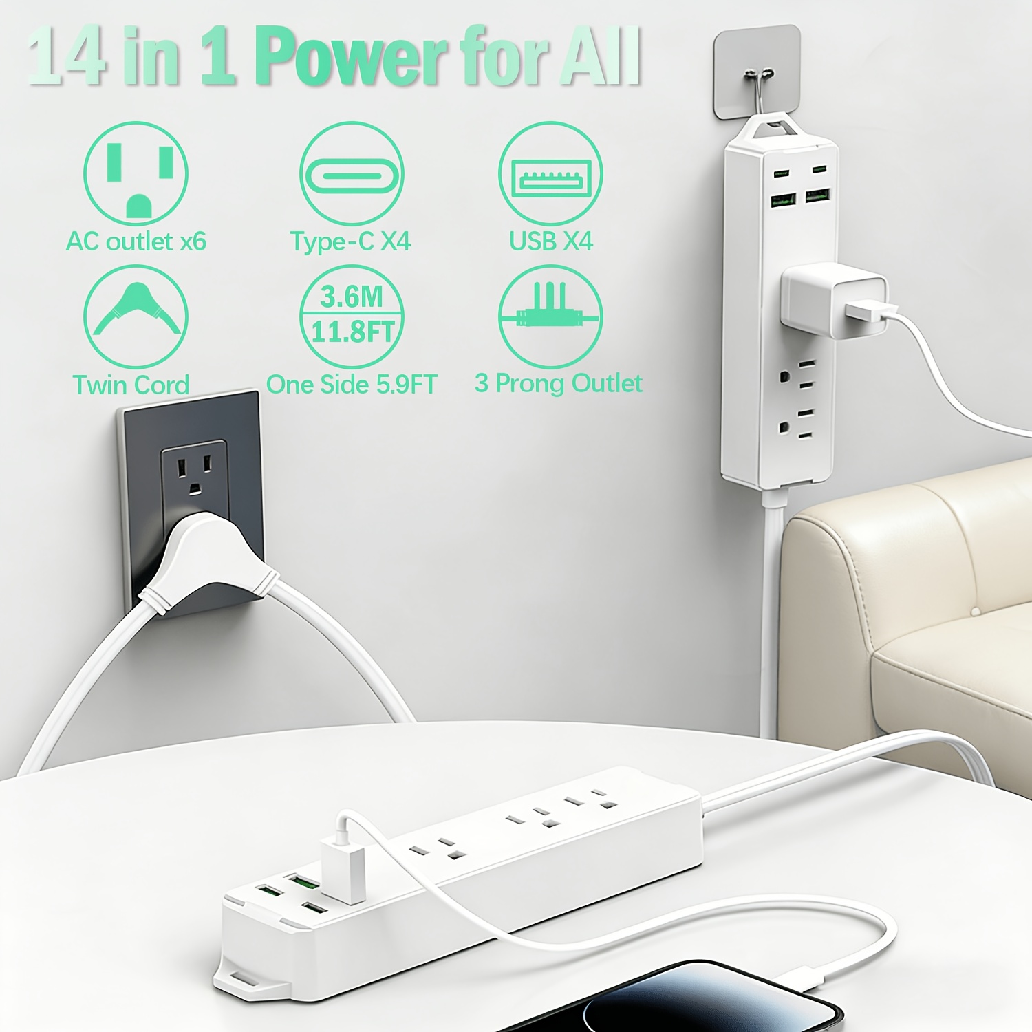 Temu – TEMU Hitobaba New Twin Extension Cord Power Socket Expansion, Multifunctional Power Socket Extension Cord Split Extension Cord – 12ft Total (6ft Each