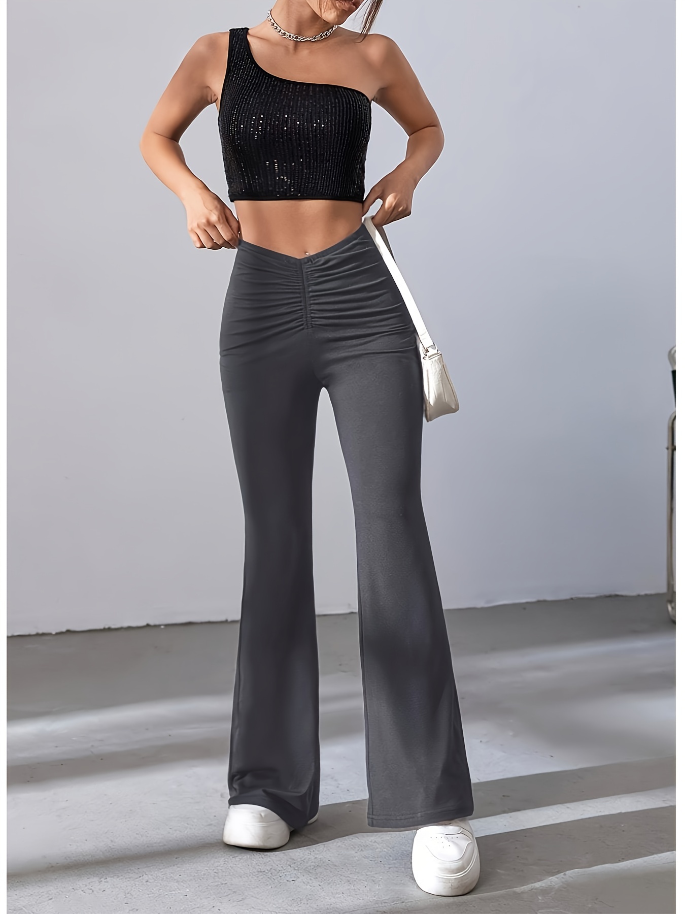 Solid Ruched Flare Leg Pants Casual Forbidden Pants Spring - Temu