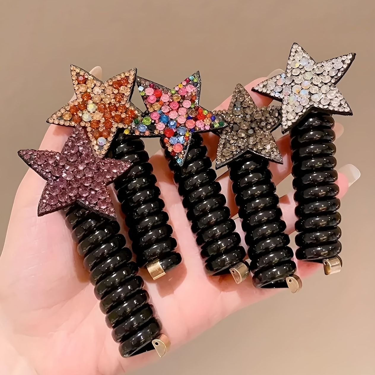 5pcs Guijui Elegant Spiral Hair Scrunchies With Rhinestone Star Accents - Multicolor Elastic Telephone Cord Hair Bands For, Durable Resin Material, And Casual Wear, Five-pointed Star, Hair Tie Set