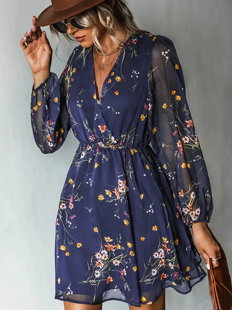 πλαϊσμένο - ρόμπα με φυτικά σχέδια για γυναίκες - v-μανίκια, μακρύς, με στενό τσεκάκι, ρούχο με φουσκωτό φουσκωτό, ιδανικό για την άνοιξη/το καλοκαίρι, στυλ για την καθημερινή ζωή|ρόμπα με φυτικά σχέδια|χιφόν υλικό Στοιχεία είδους 6