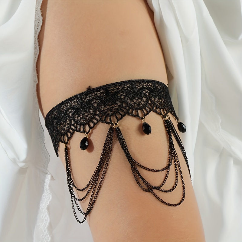 

1pc Dentelle Noire Jarretière Cuisse Chaîne avec Gland et Pendentif Goutte, Tendance Réglable Mariage Nuptiale Jambe Anneau, Sexy Jarretière Ceinture Accessoire