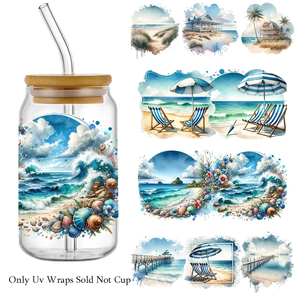 

4- Wave Uv Wraps For 16oz Glasses/mugs, 24x11cm, Diy Easy-to-apply Plastic Decorative Paper, Tropical Seaside Theme, No Cup Included