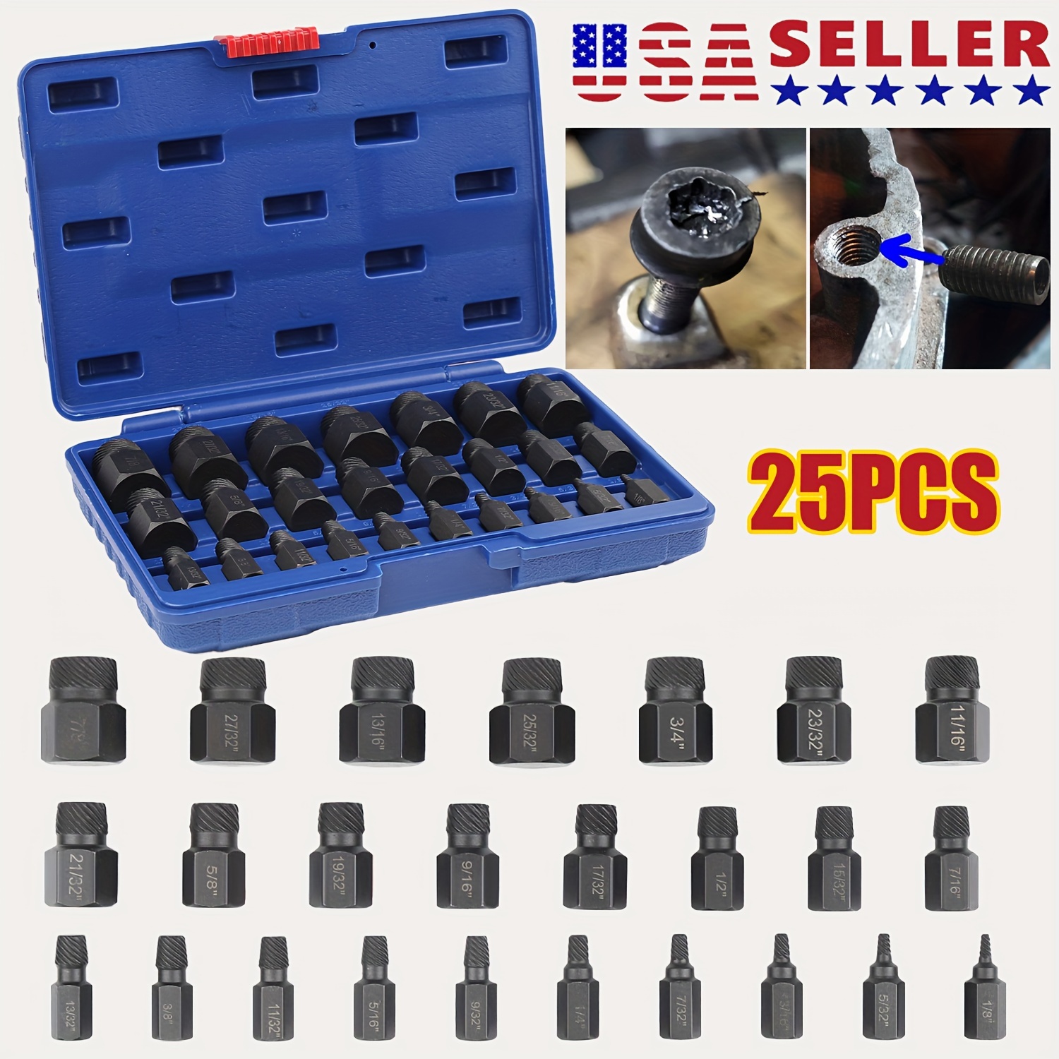 

25pcs Screw Extractor Set, Hex Head Multi-spline Easy Out Bolt Extractor Set, Removing Broken Screws, Bolts, Nuts, Studs, Fittings