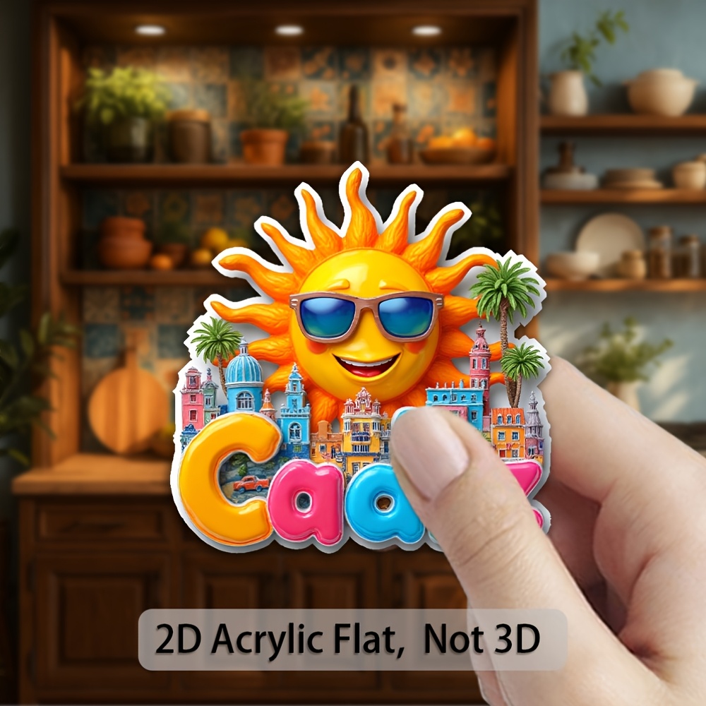 TEMU 1pc Sunshine Magnet - 8.0cm Spanish Cityscape Fridge Magnet, Fashionable Glasses Sun And Palm , Acrylic Refrigerator Magnet, Suitable For
